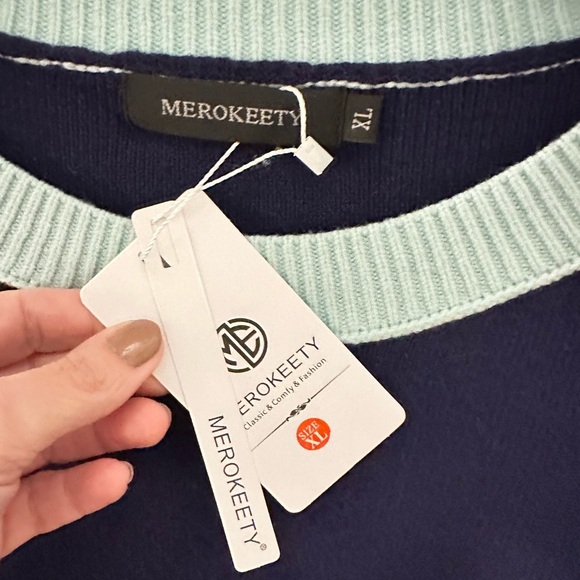NWT XXL MEROKEETY Oversized blue soft stretchy woman colorblock sweater bohemian - Picture 5 of 14